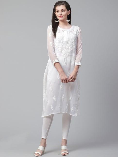 saadgi white chikankari embroidered a line kurta