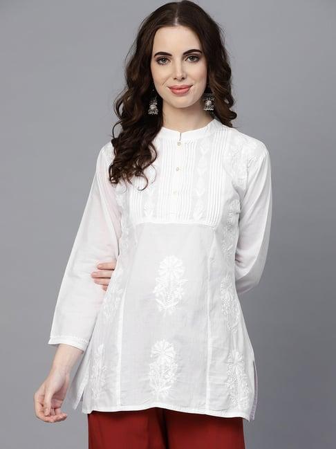 saadgi white chikankari embroidered a line kurti