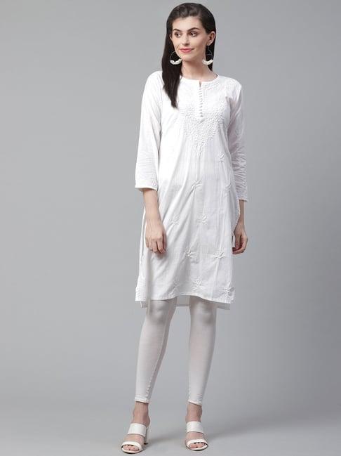 saadgi white embroidered a line kurta