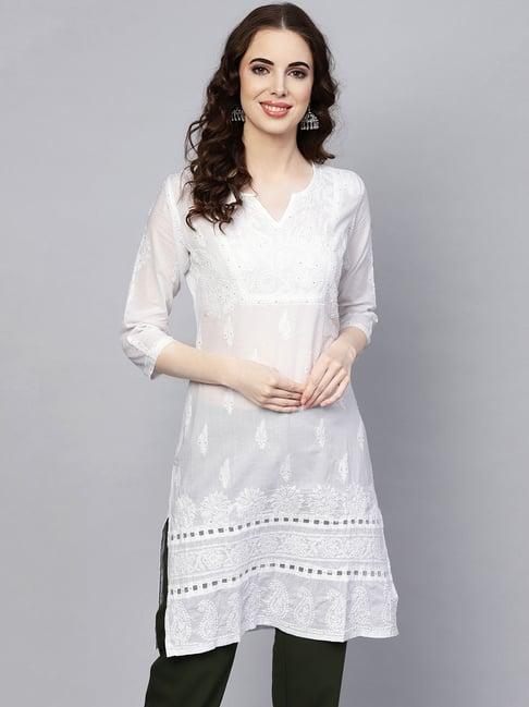 saadgi white embroidered a line kurti