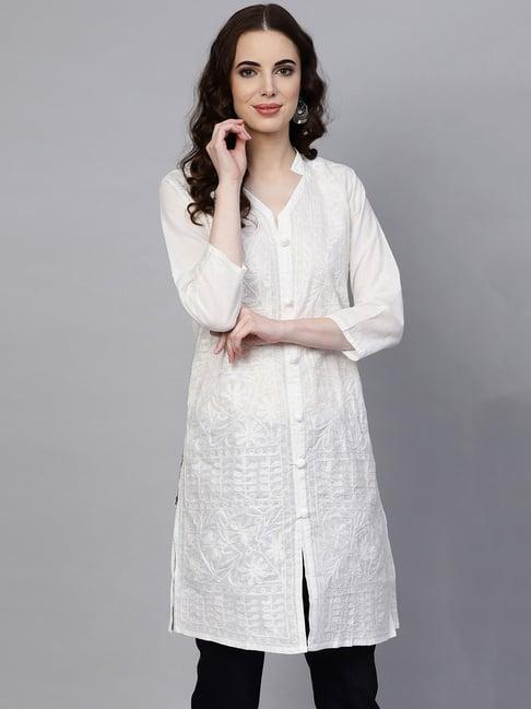 saadgi white embroidered straight kurti