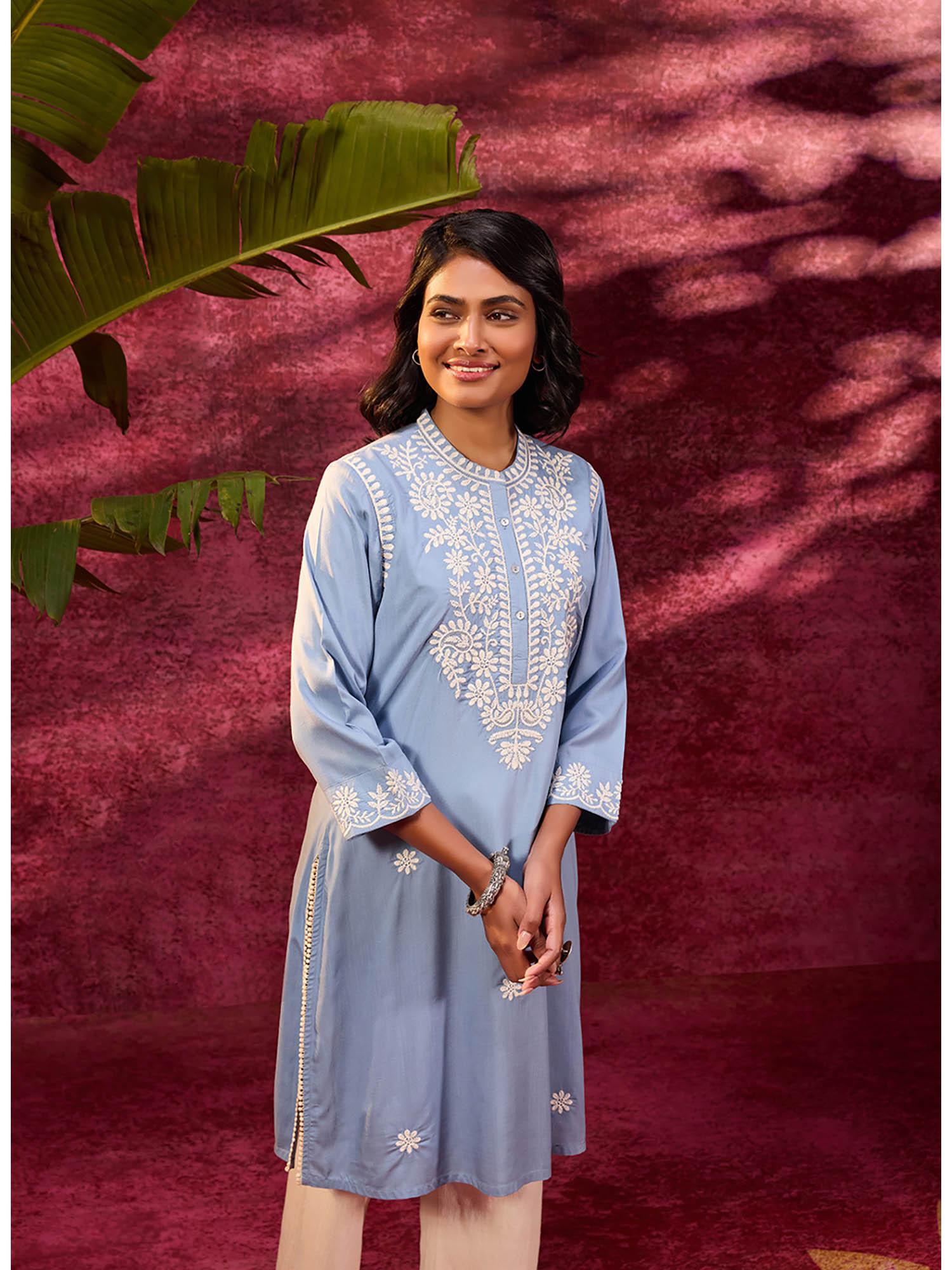 saadgi windy blue embroidered cotton linen tunic for women