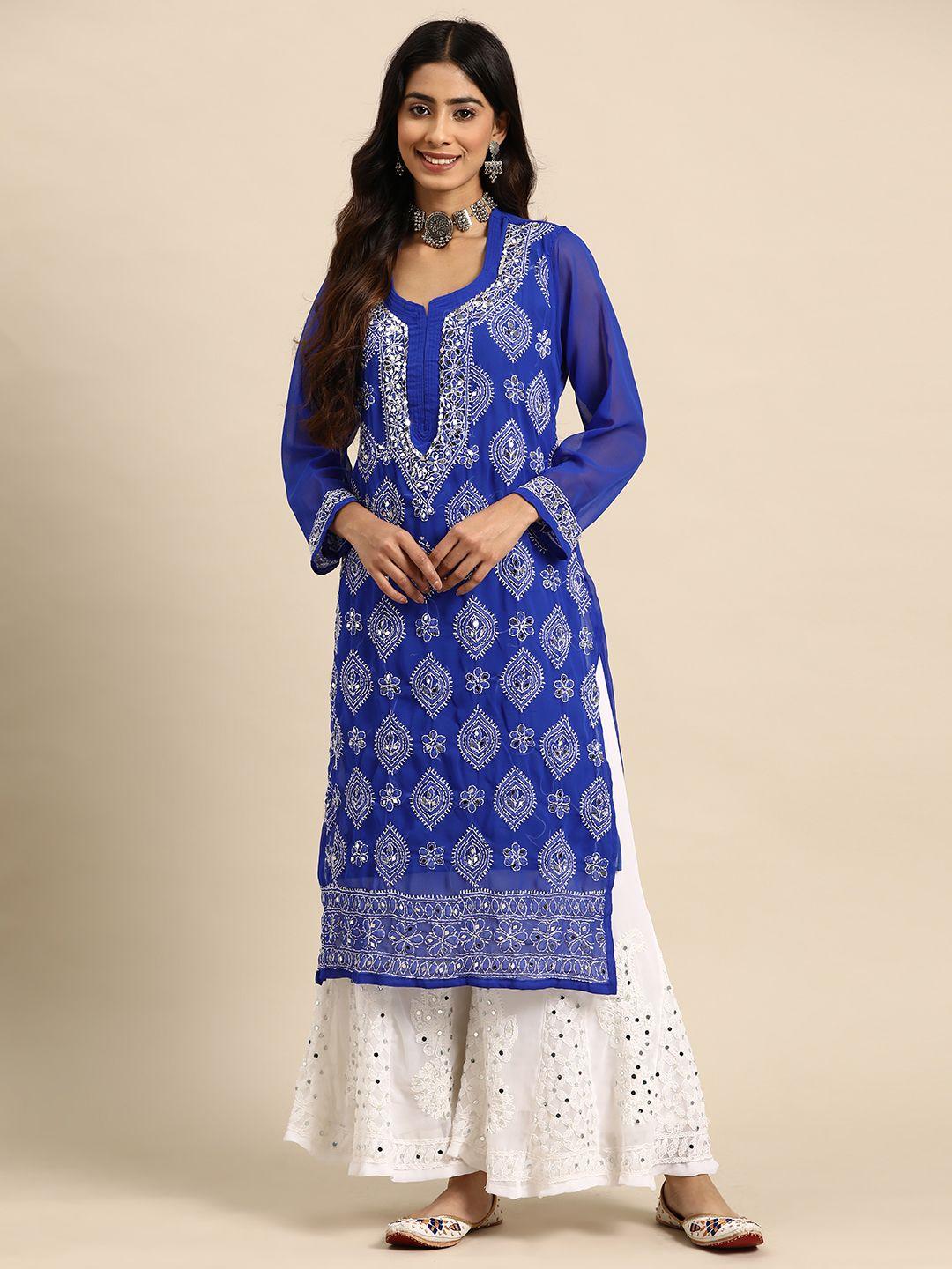 saadgi women blue ethnic motifs embroidered regular chikankari kurta with sharara