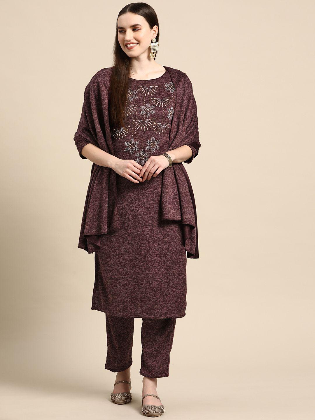 saadgi women burgundy beads & stones velvet woollen kurta with trousers & with dupatta