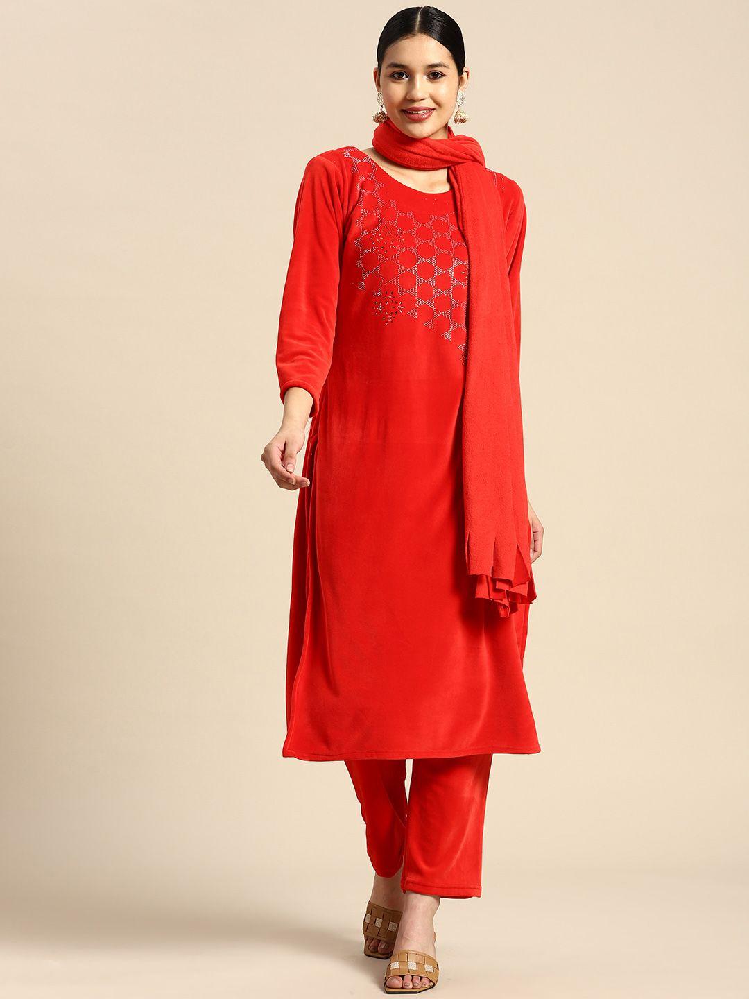 saadgi women embroidered beads & stones velvet kurta with trousers & with dupatta