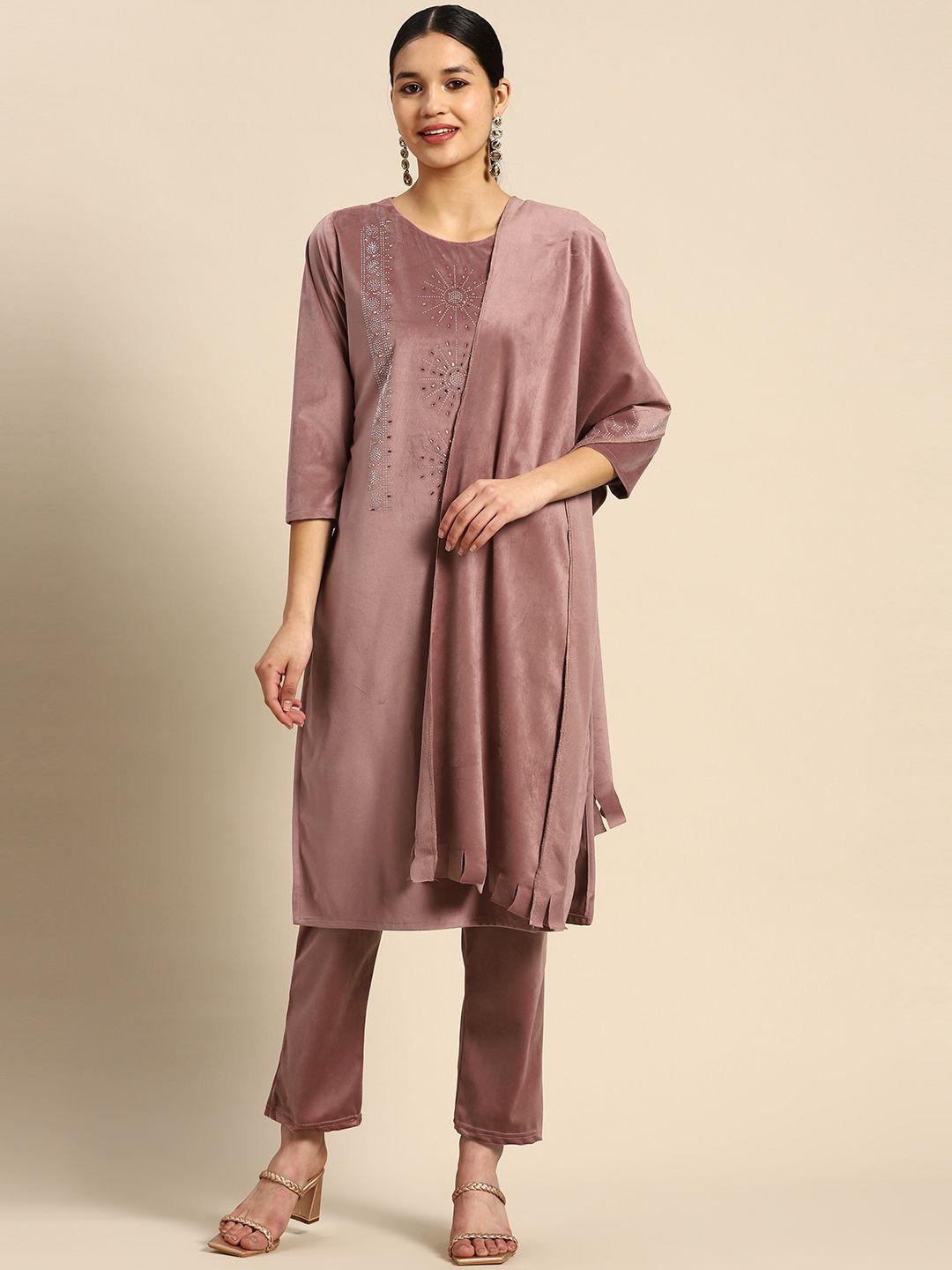 saadgi women embroidered beads & stones velvet kurta with trousers & with dupatta