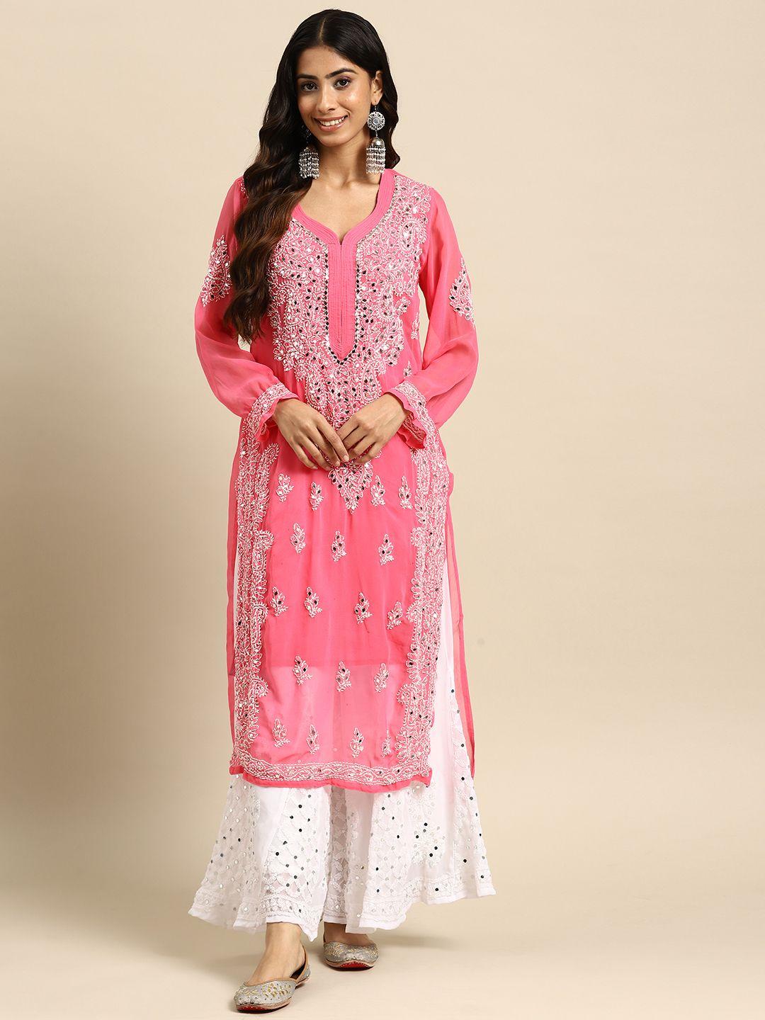 saadgi women ethnic motifs chikankari mirror work kurta with palazzos