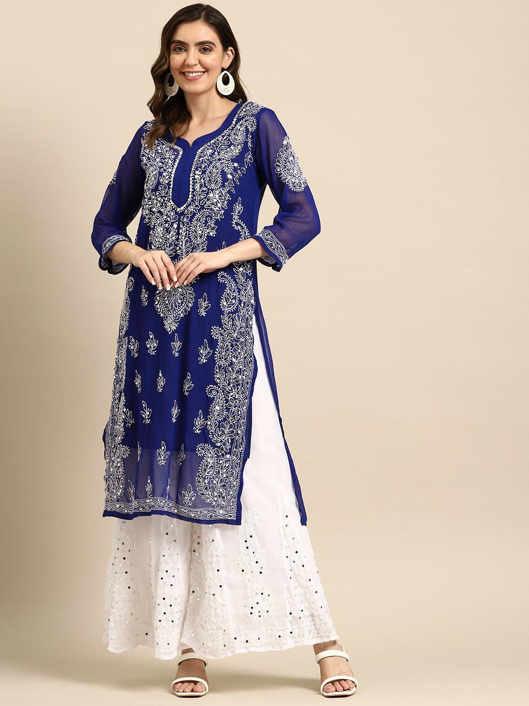 saadgi women ethnic motifs chikankari mirror work kurta with palazzos