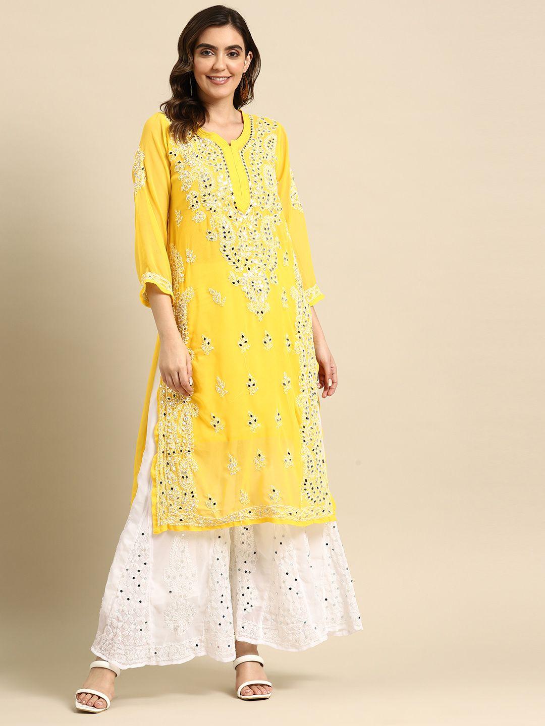 saadgi women ethnic motifs chikankari mirror work kurta with palazzos