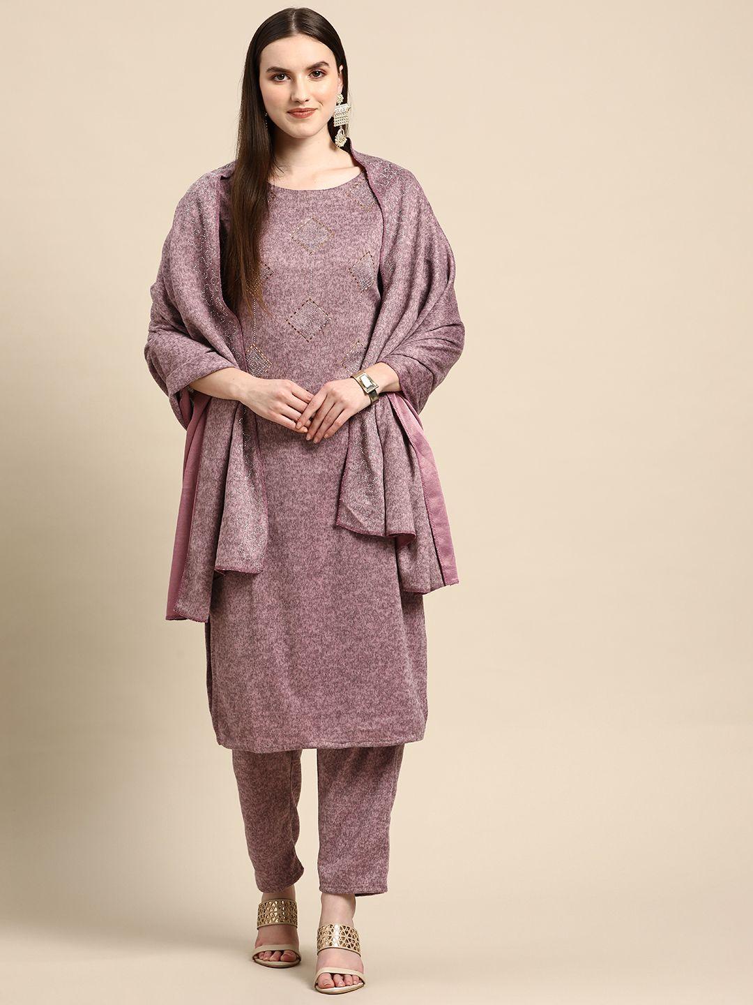 saadgi women mauve beads & stones velvet woollen kurta with trousers & with dupatta