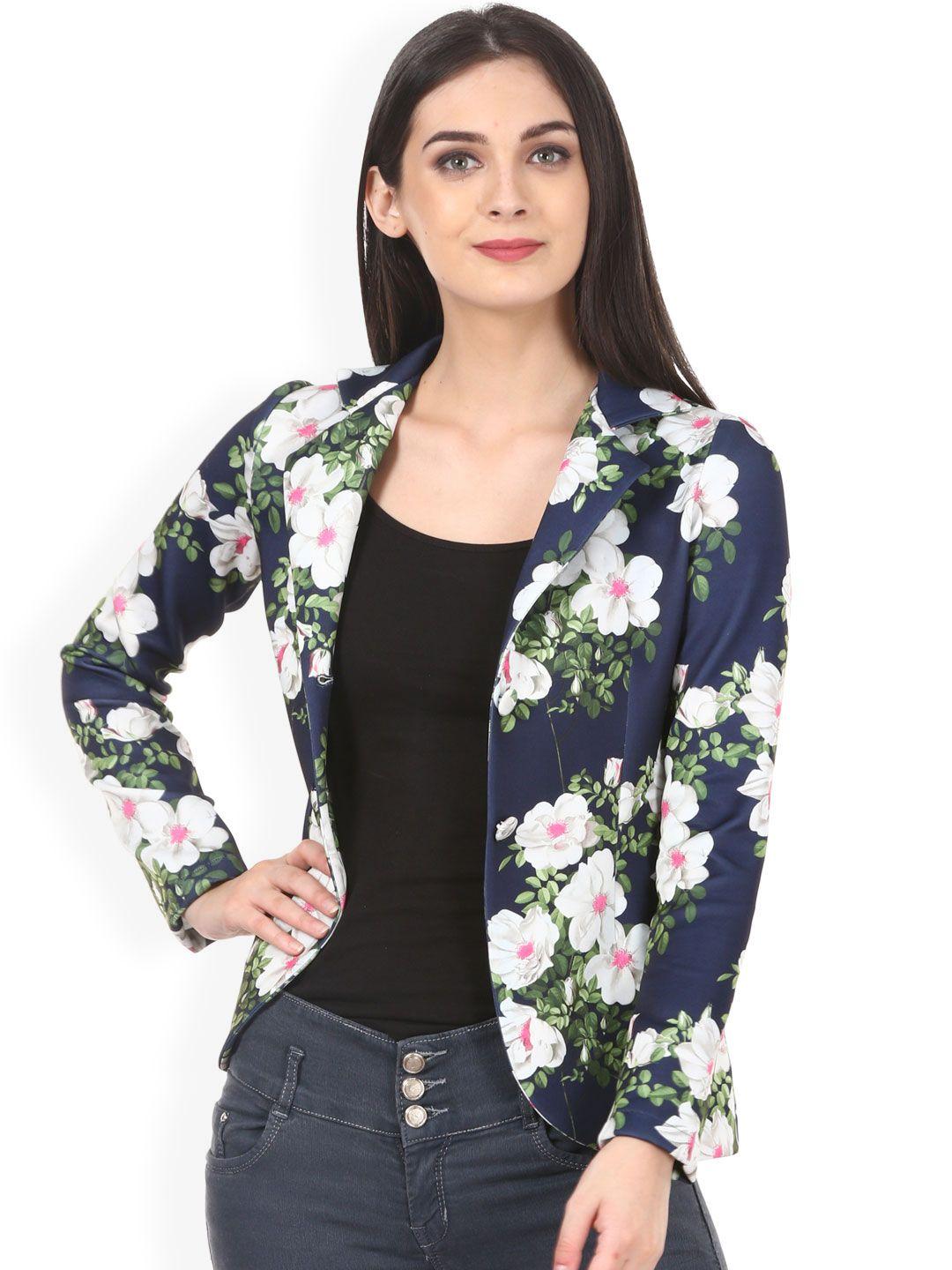 saadgi women navy blue & white scuba floral printed blazers