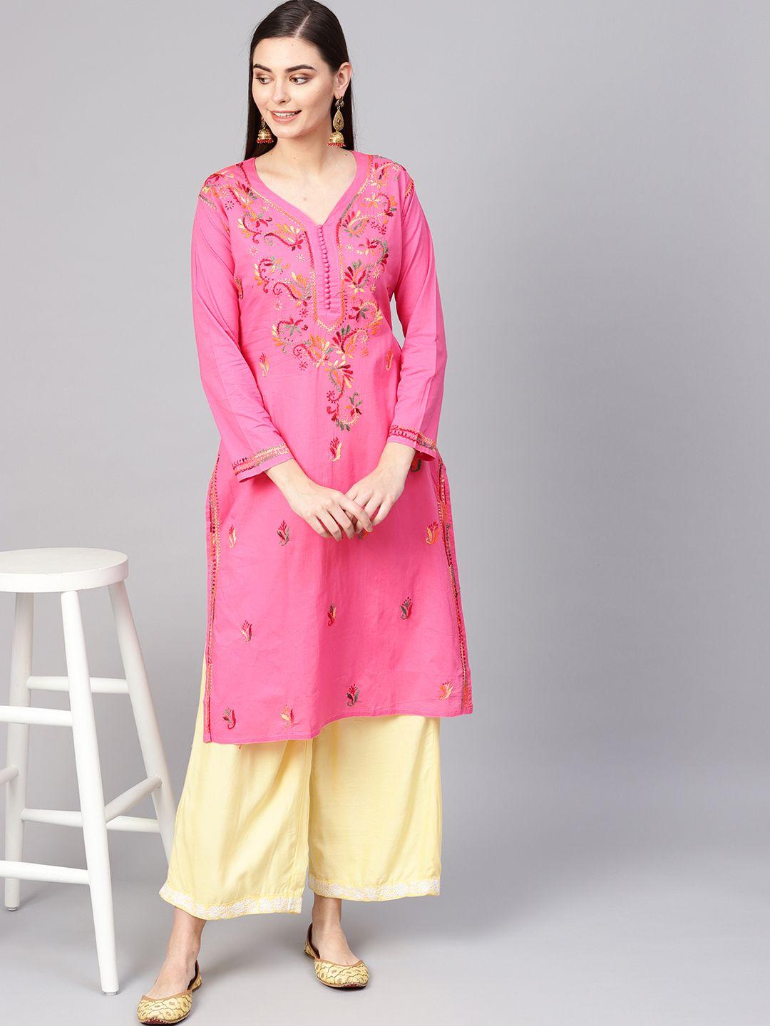 saadgi women pink chikankari embroidered handloom straight kurta