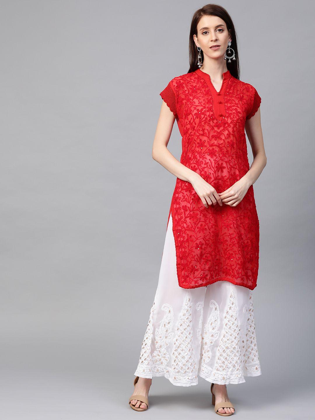 saadgi women red & white handloom chikankari embroidered sheer kurta with palazzos