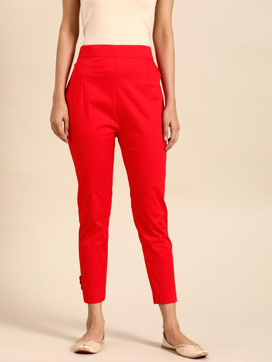 saadgi women red comfort high-rise easy wash cropped cotton cigerette trousers