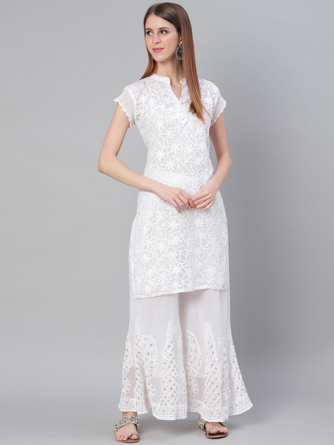 saadgi women white aari embroidered handloom kurta with palazzos