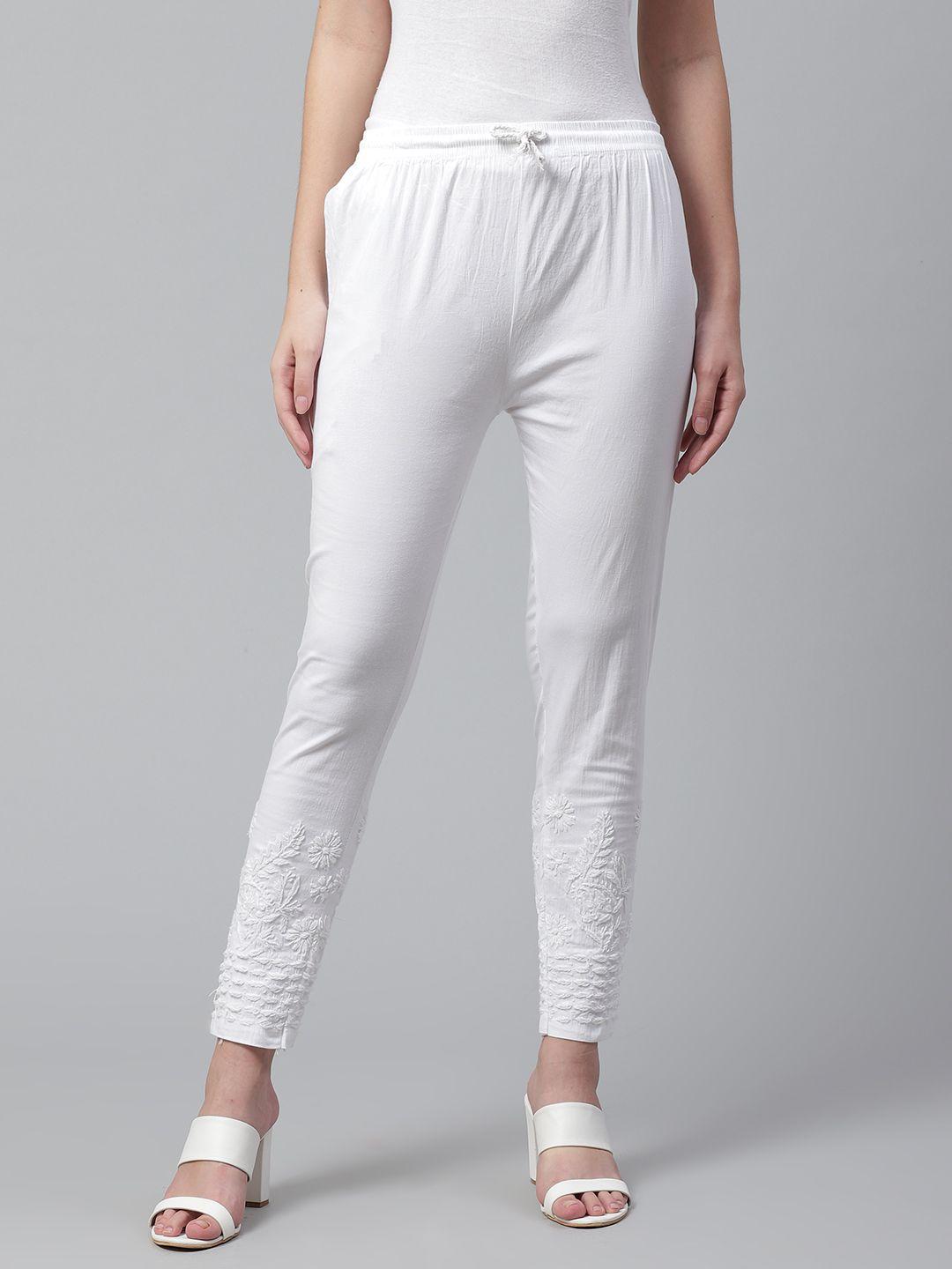 saadgi women white solid regular trousers