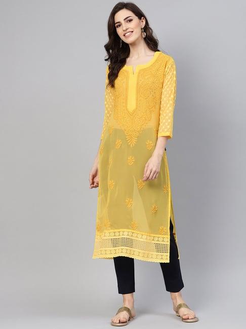 saadgi yellow chikankari embroidered a line kurta