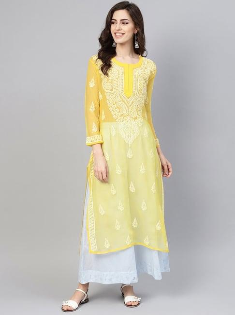 saadgi yellow chikankari embroidered a line kurta