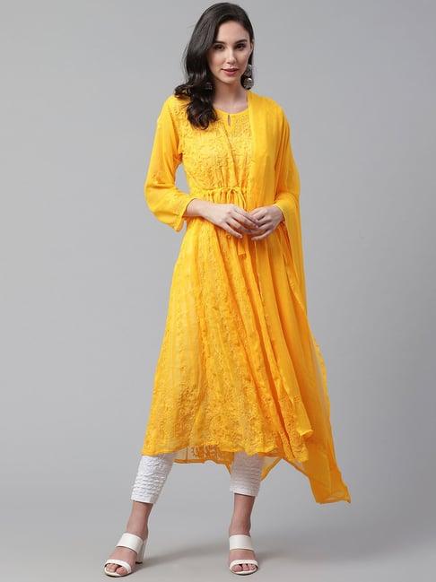 saadgi yellow embroidered anarkali kurta with dupatta