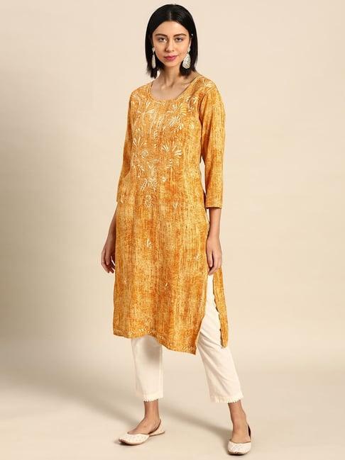 saadgi yellow embroidered straight kurta