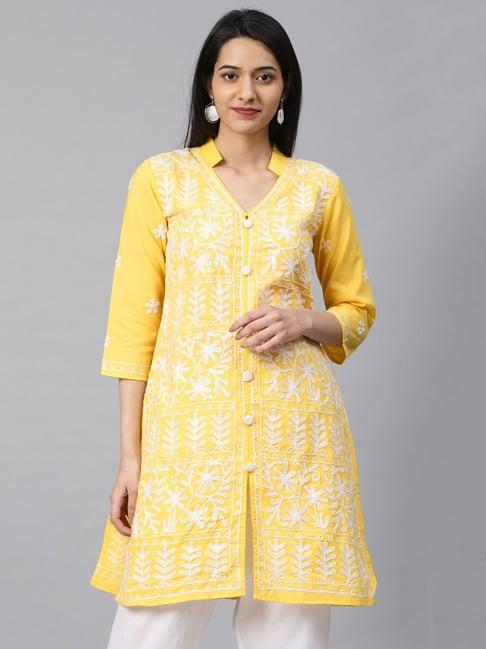 saadgi yellow embroidered straight kurti