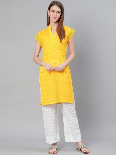 saadgi yellow embroidered straight kurti