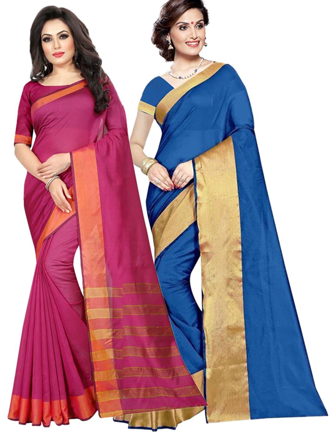 saadhvi pack of 2 blue & magenta zari silk cotton sarees