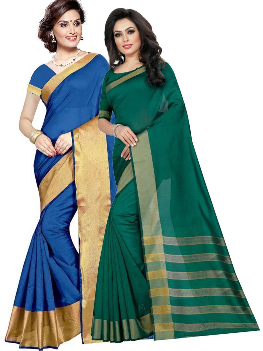 saadhvi pack of 2 blue & teal green zari silk cotton sarees