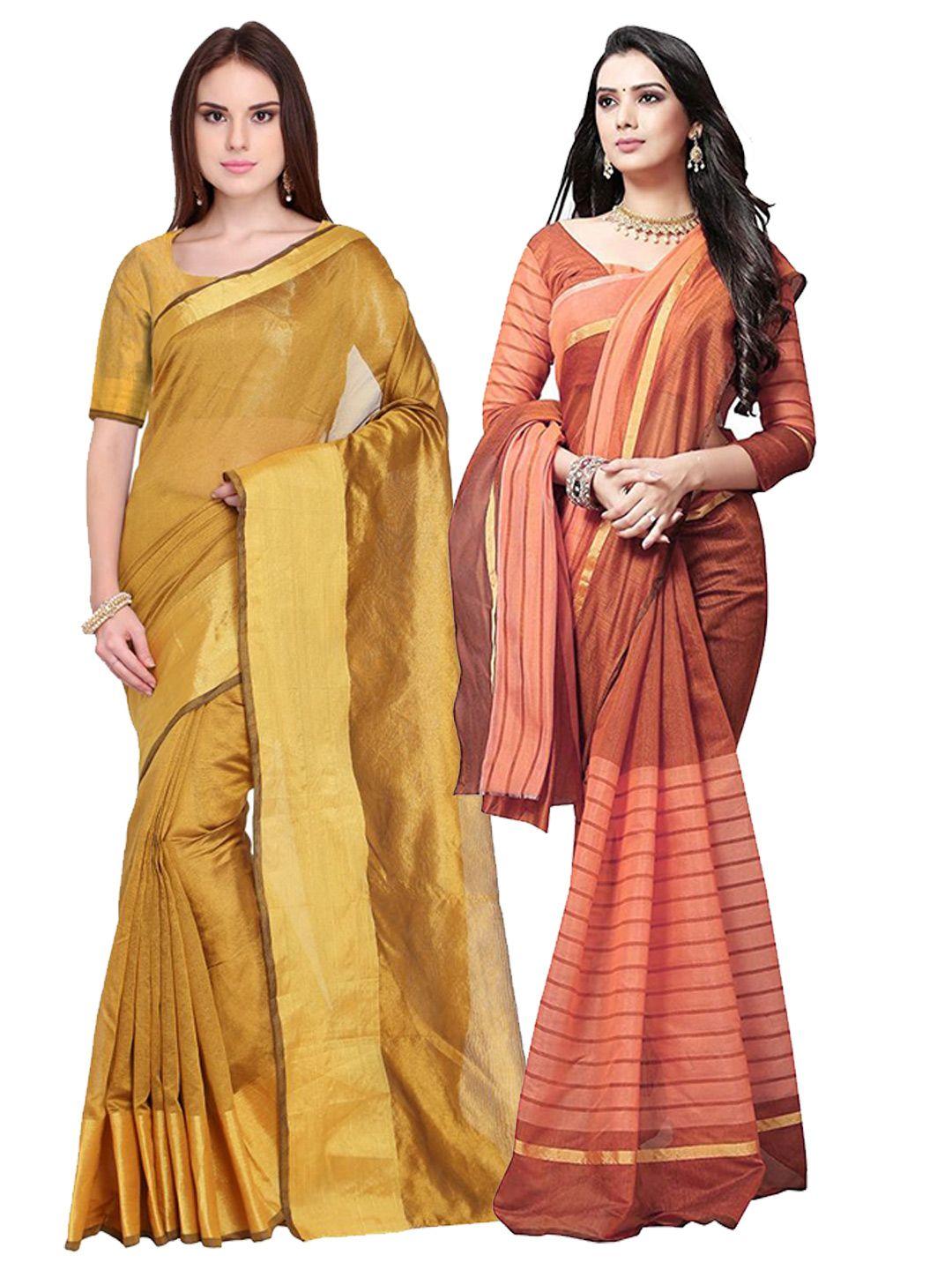saadhvi pack of 2 golden & peach-coloured zari silk cotton sarees