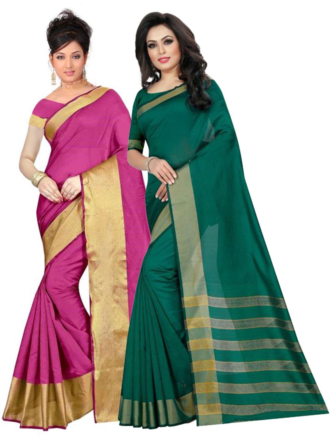 saadhvi pack of 2 magenta & green zari silk cotton sarees