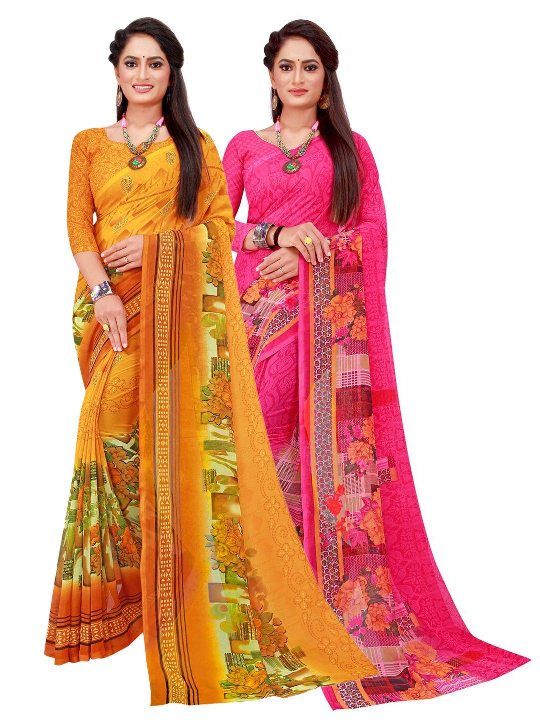 saadhvi pack of 2 pink & yellow pure georgette sarees