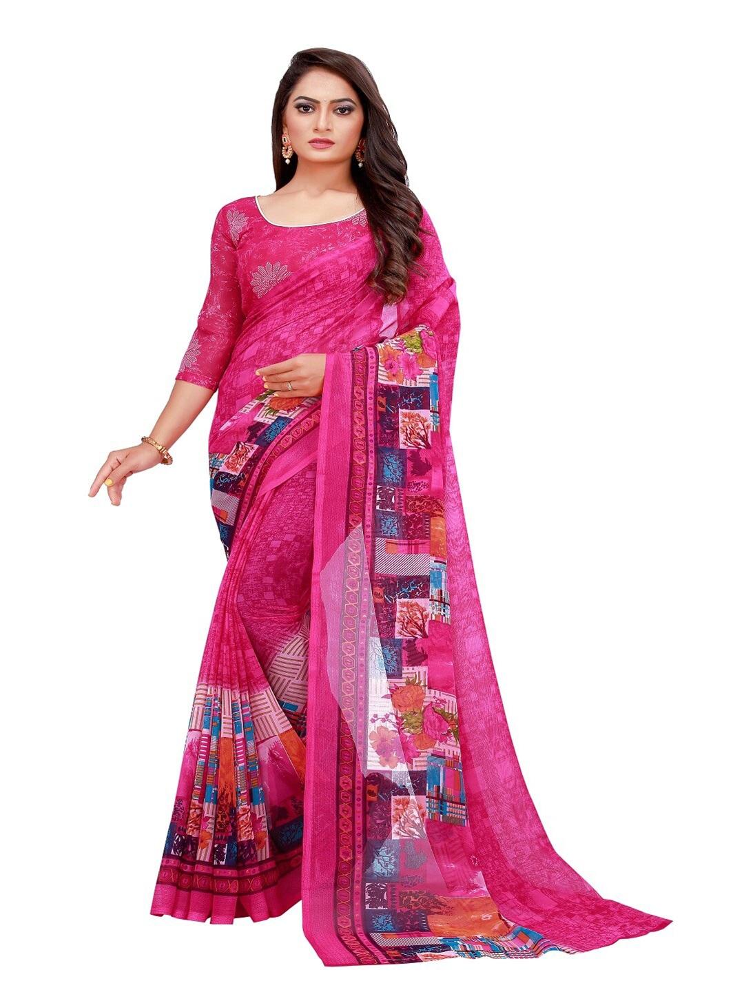 saadhvi pink & blue ethnic motifs printed saree