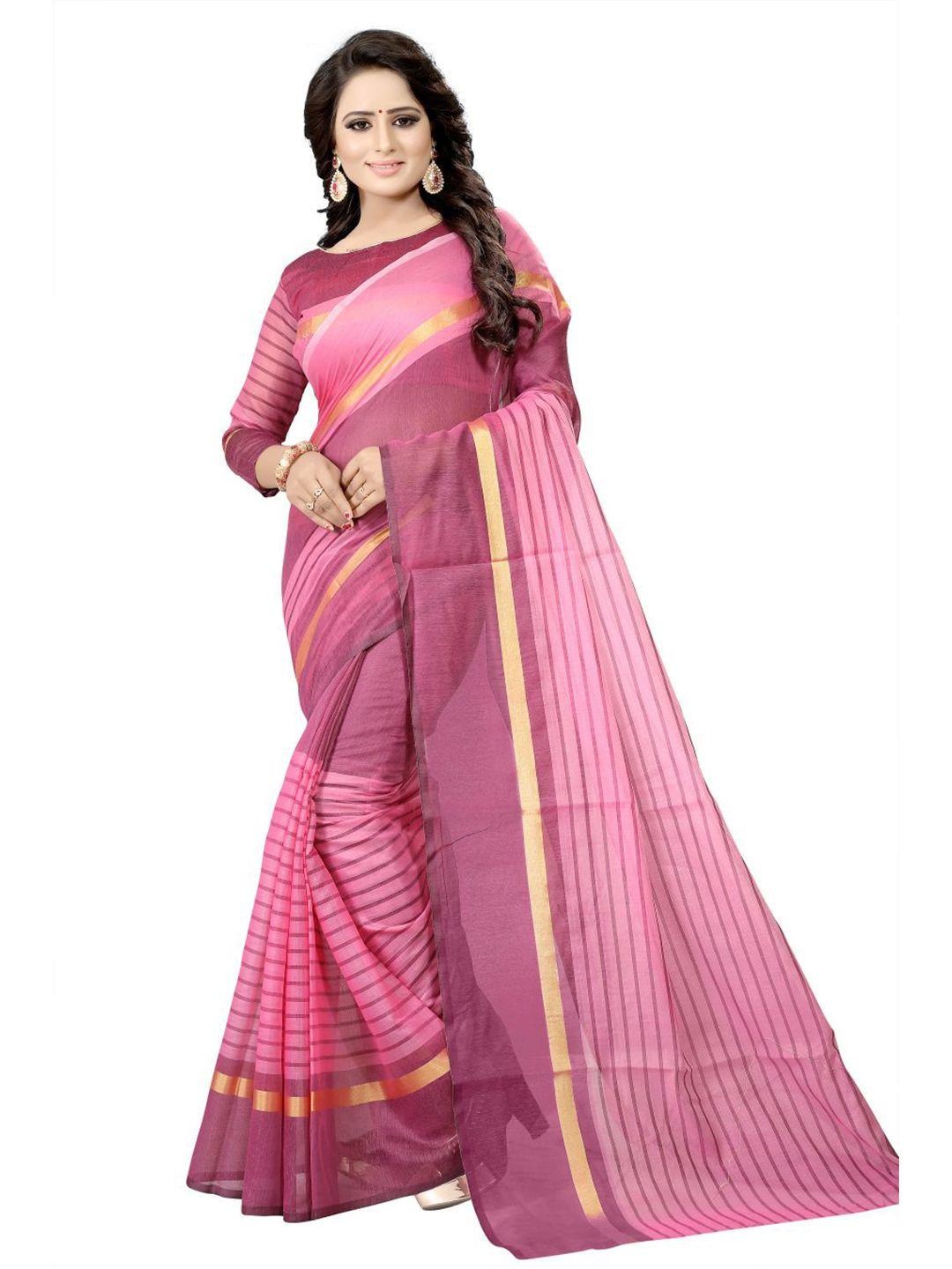 saadhvi pink & gold-toned striped cotton-silk saree