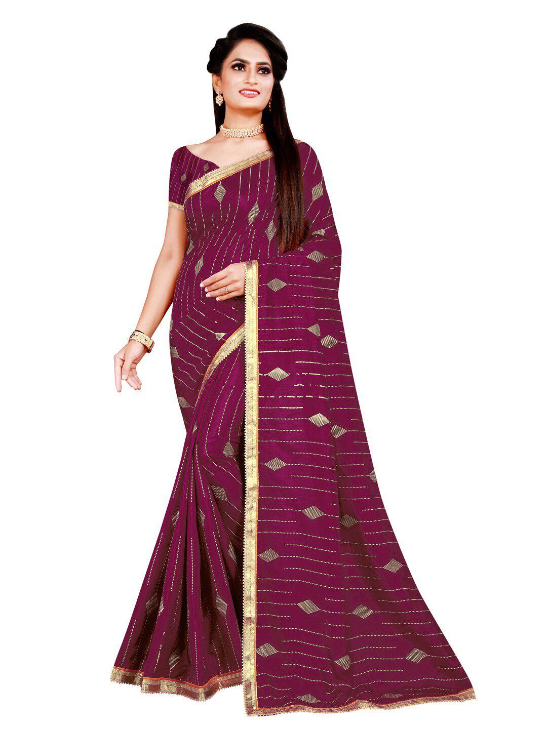 saadhvi purple & gold-toned foil print silk blend saree
