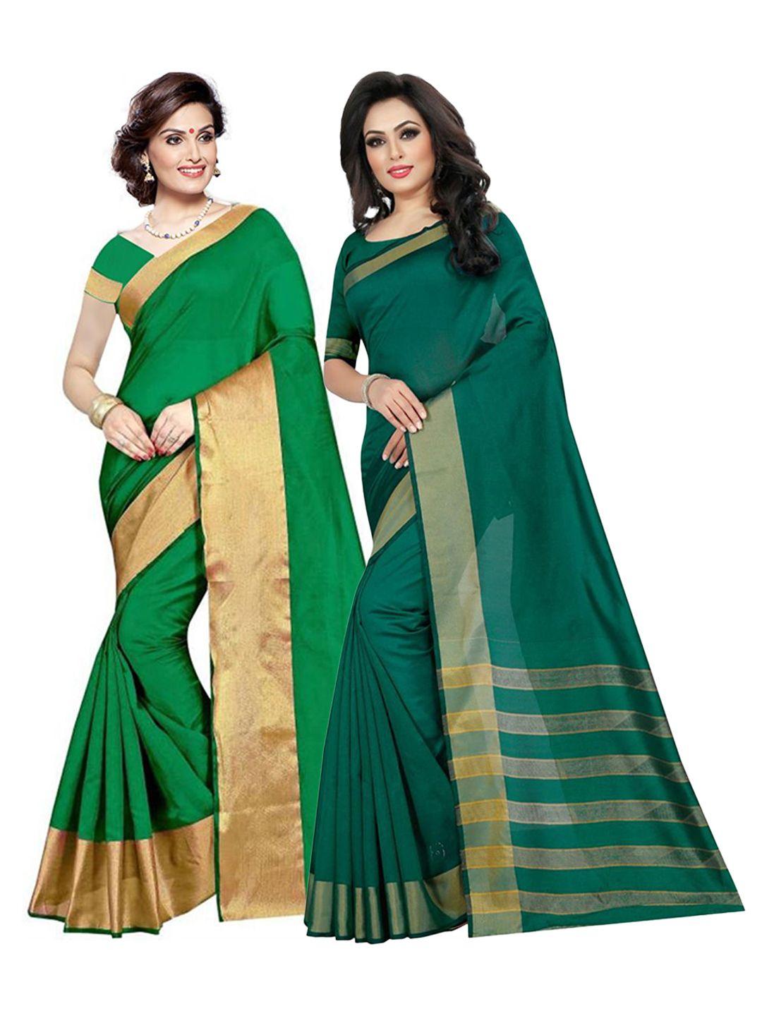 saadhvi set of 2 green & teal blue zari silk cotton saree