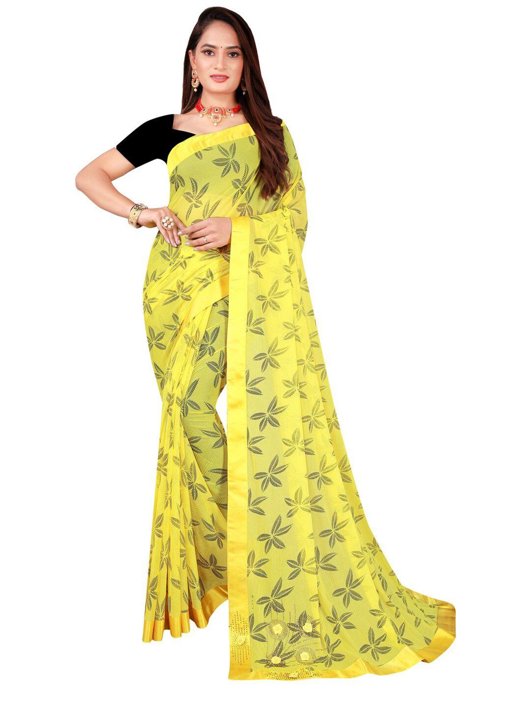 saadhvi yellow & black floral art silk saree