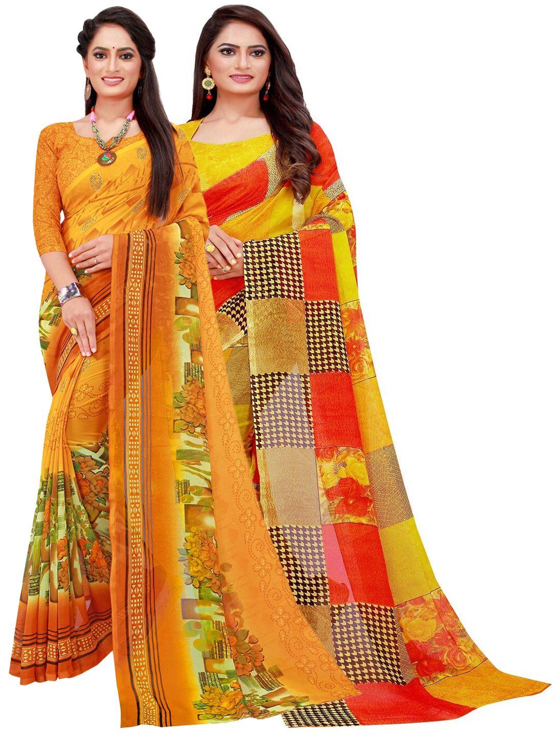 saadhvi yellow & red pack of 2 floral pure georgette saree