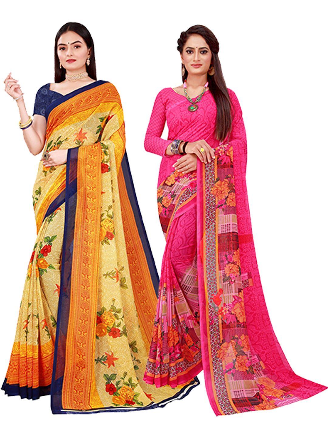 saadhvi beige & magenta floral pack of 2 pure georgette saree