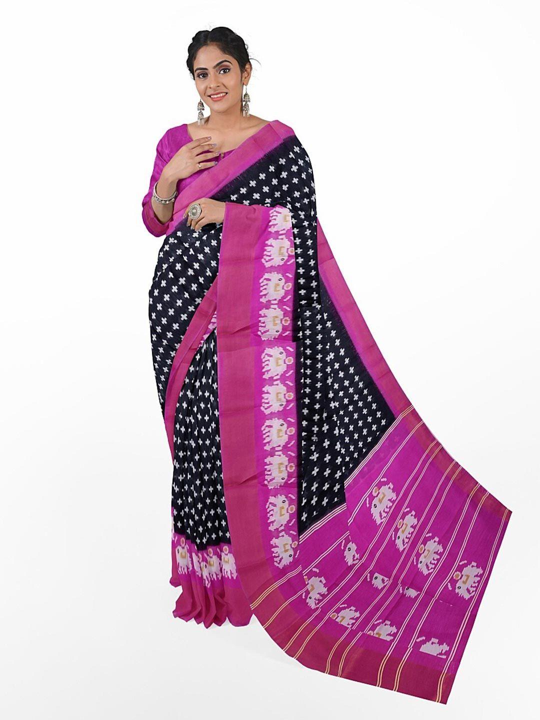 saadhvi black & pink kalamkari silk blend  bhagalpuri saree