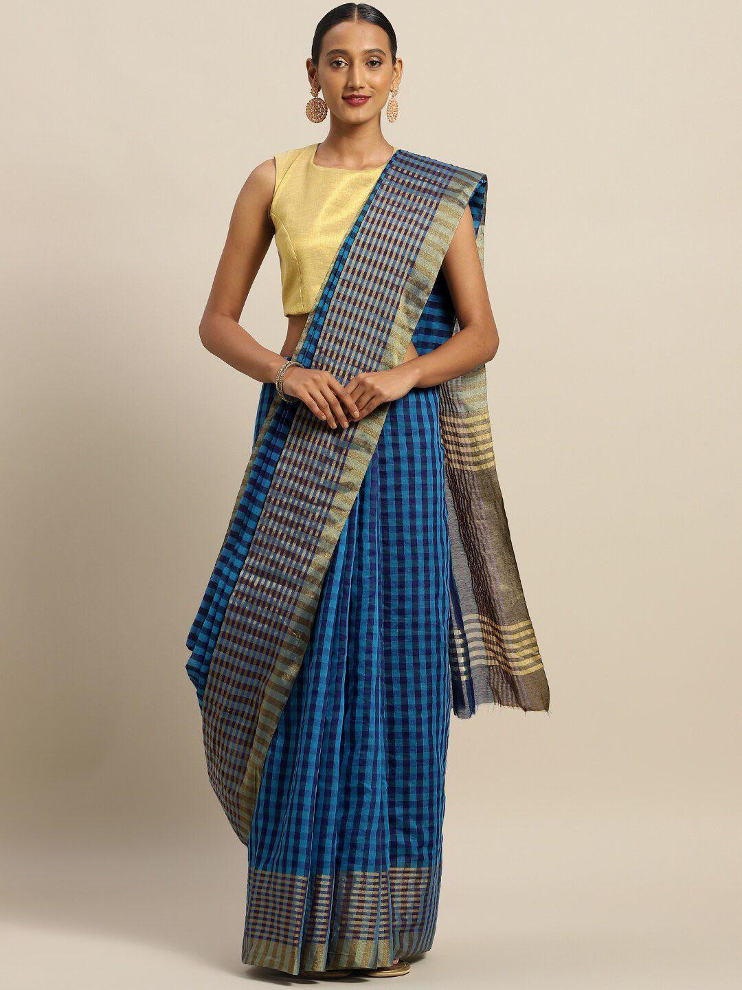 saadhvi blue & gold-toned checked art silk saree