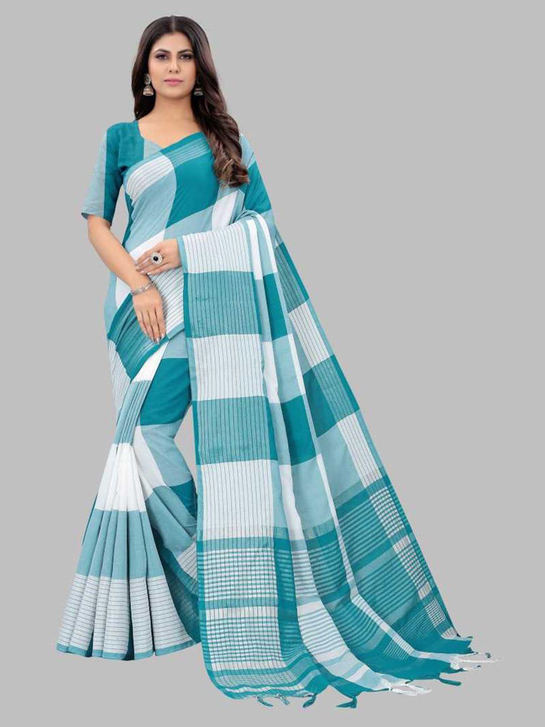 saadhvi blue & white checked silk blend saree