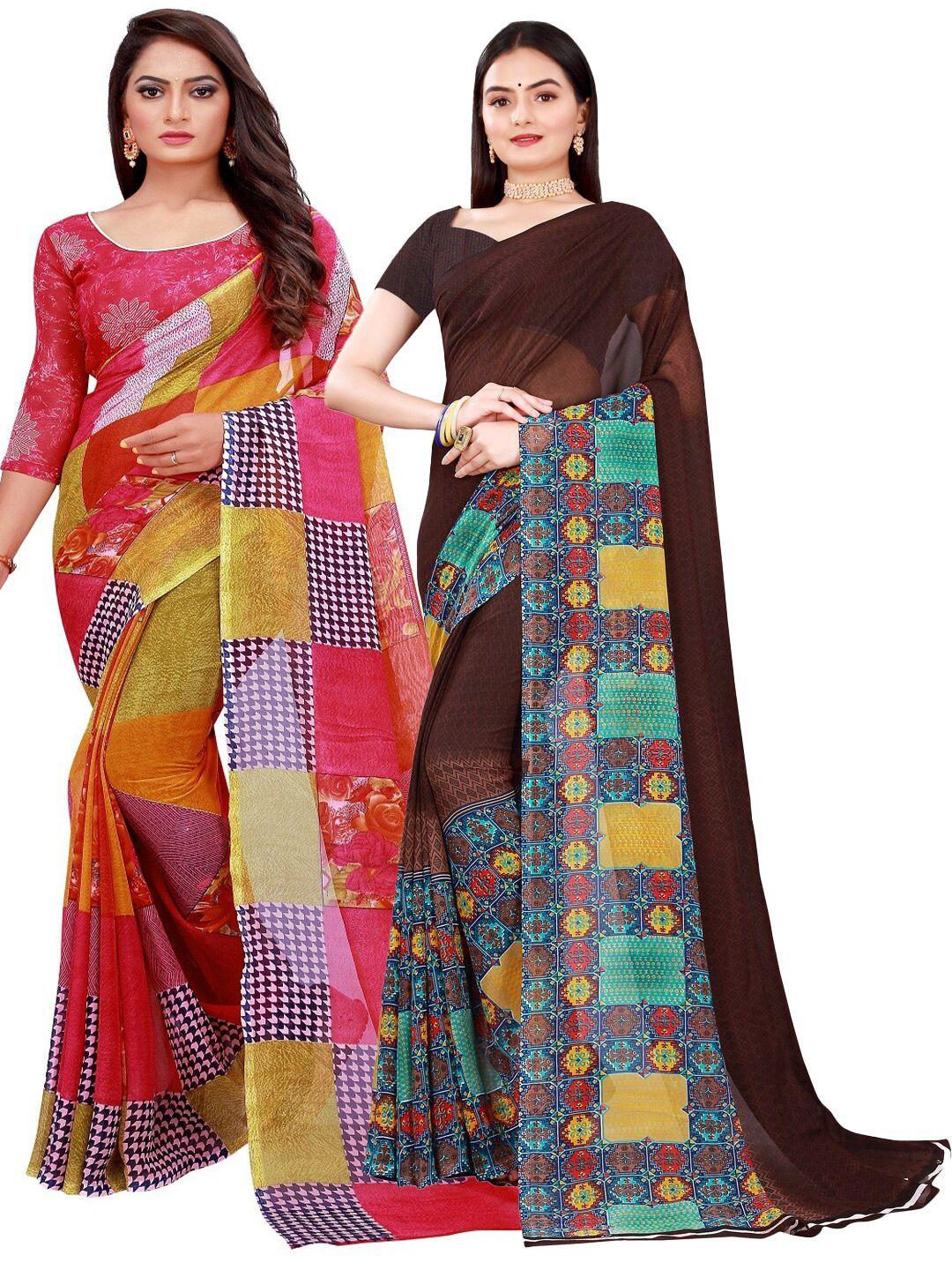 saadhvi brown & red set of 2 printed georgette saree