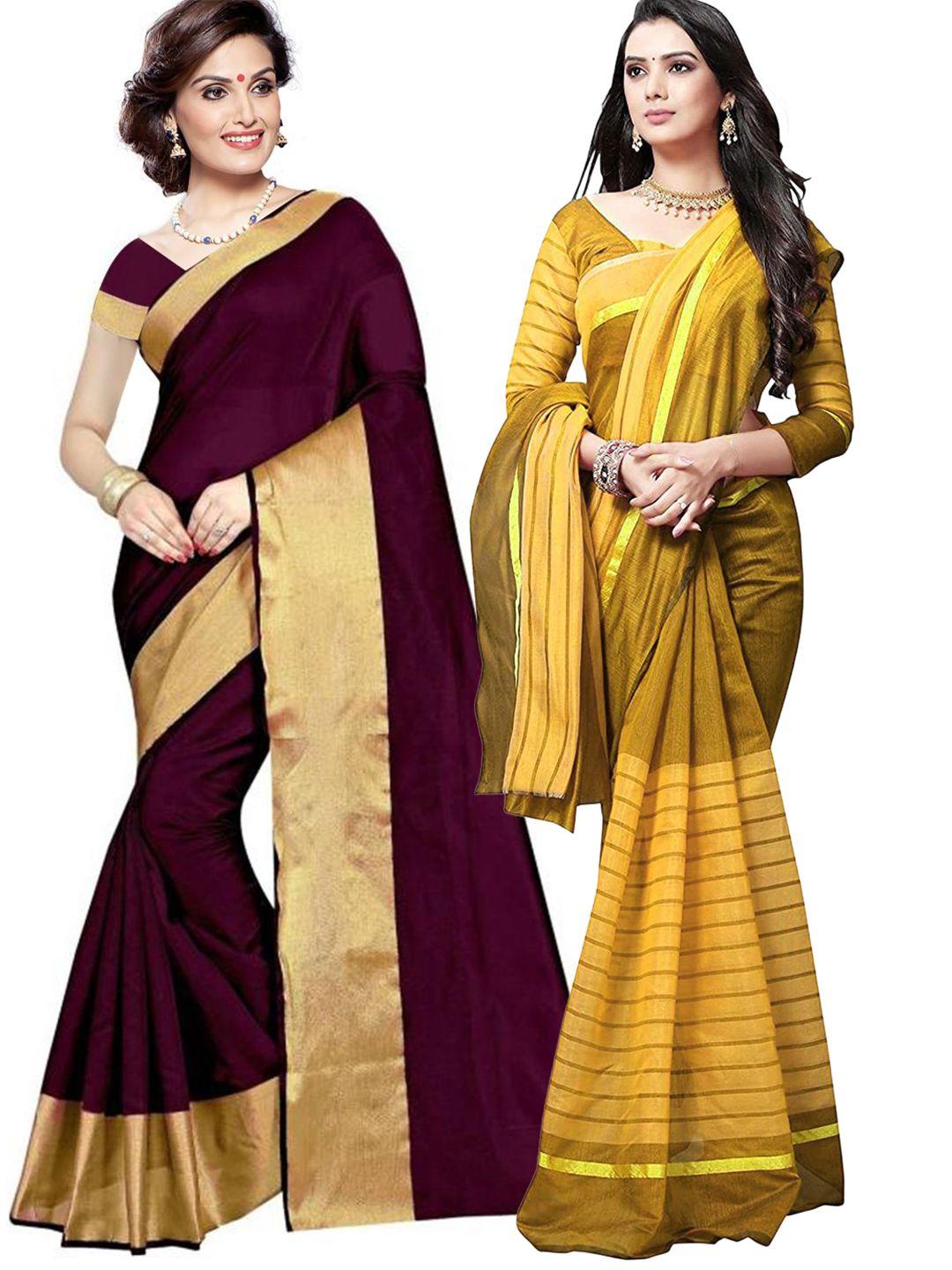 saadhvi burgundy & mustard set of 2 striped zari silk cotton saree