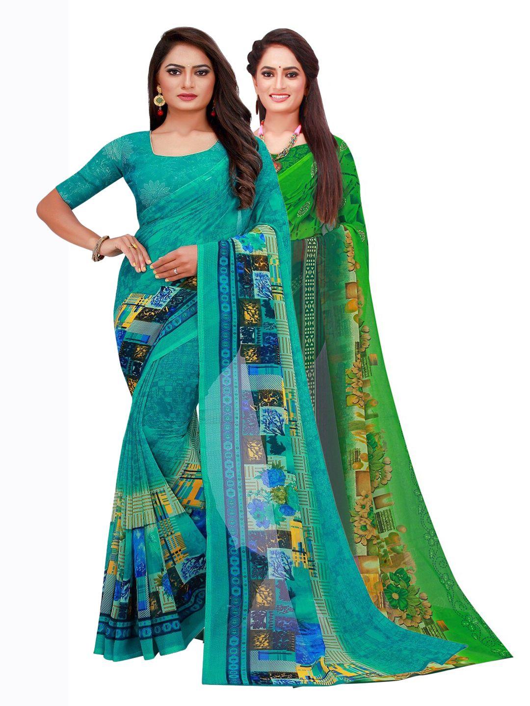 saadhvi green & blue pack of 2 printed pure georgette saree