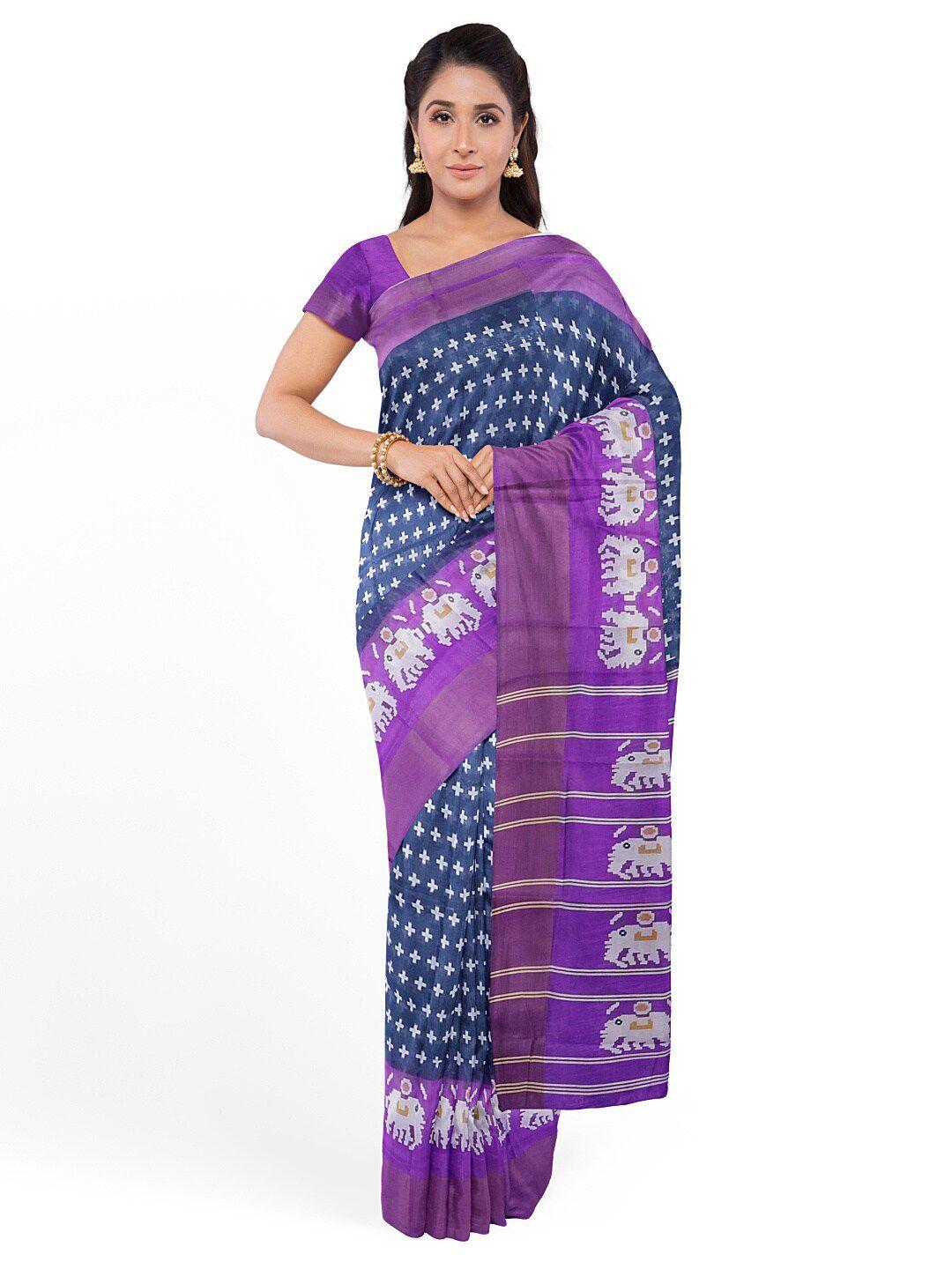 saadhvi grey & purple kalamkari zari silk blend  bhagalpuri saree