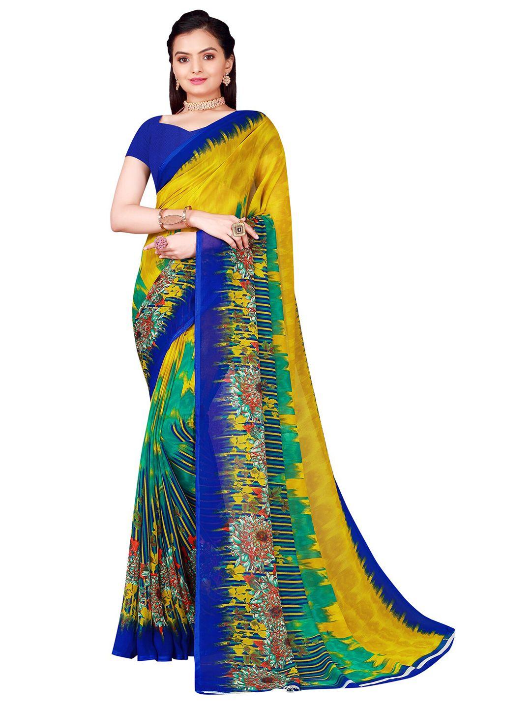 saadhvi lime green & blue floral pure georgette saree