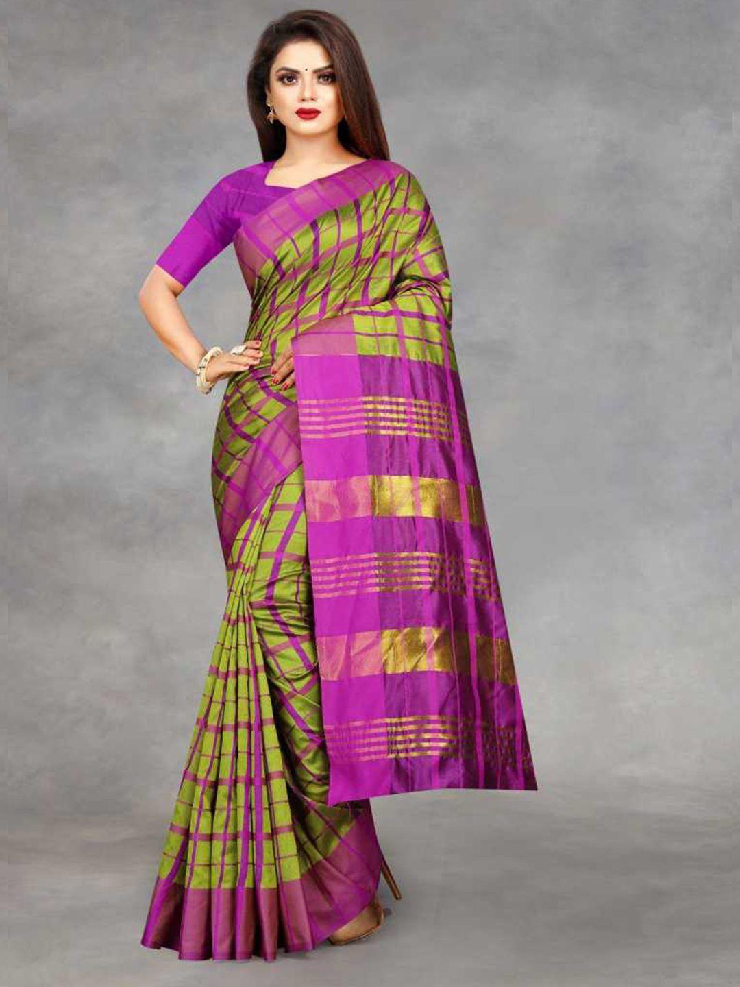 saadhvi lime green & purple checked silk blend saree