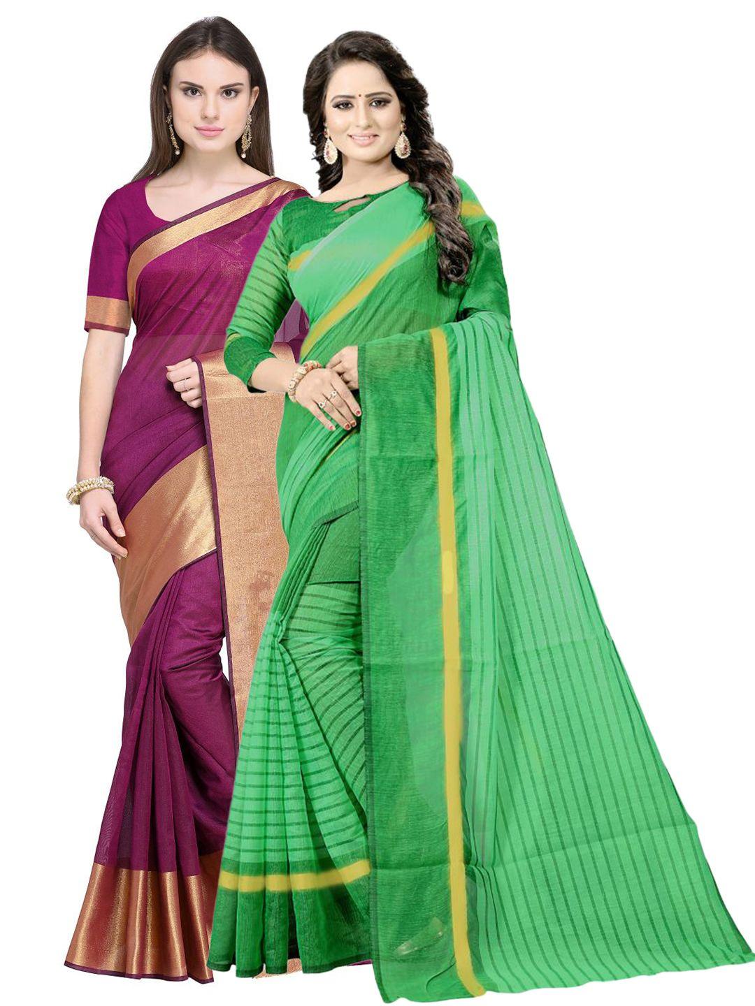 saadhvi maroon & green striped silk cotton saree pack of 2