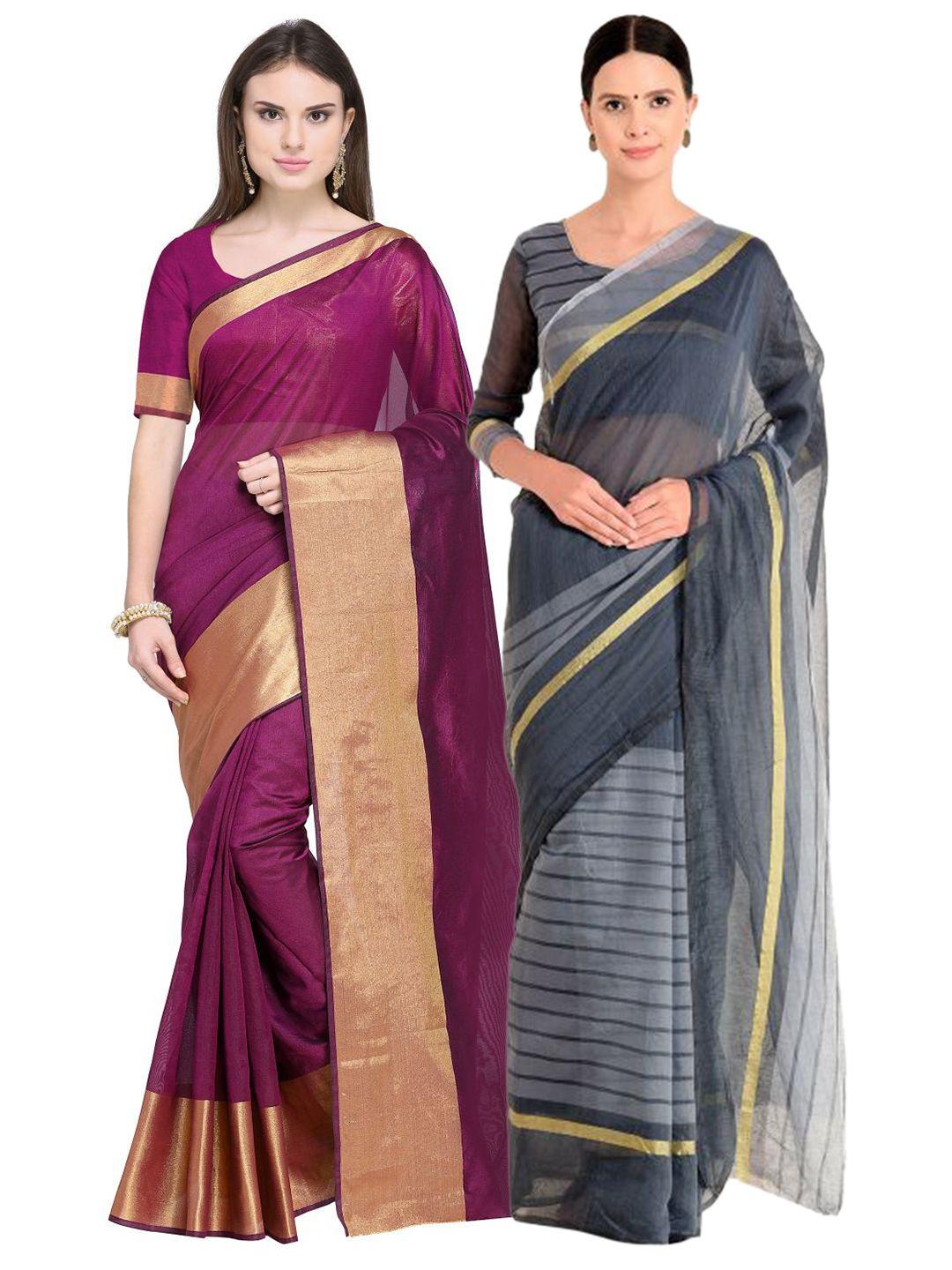 saadhvi maroon & grey set of 2 striped zari silk cotton saree