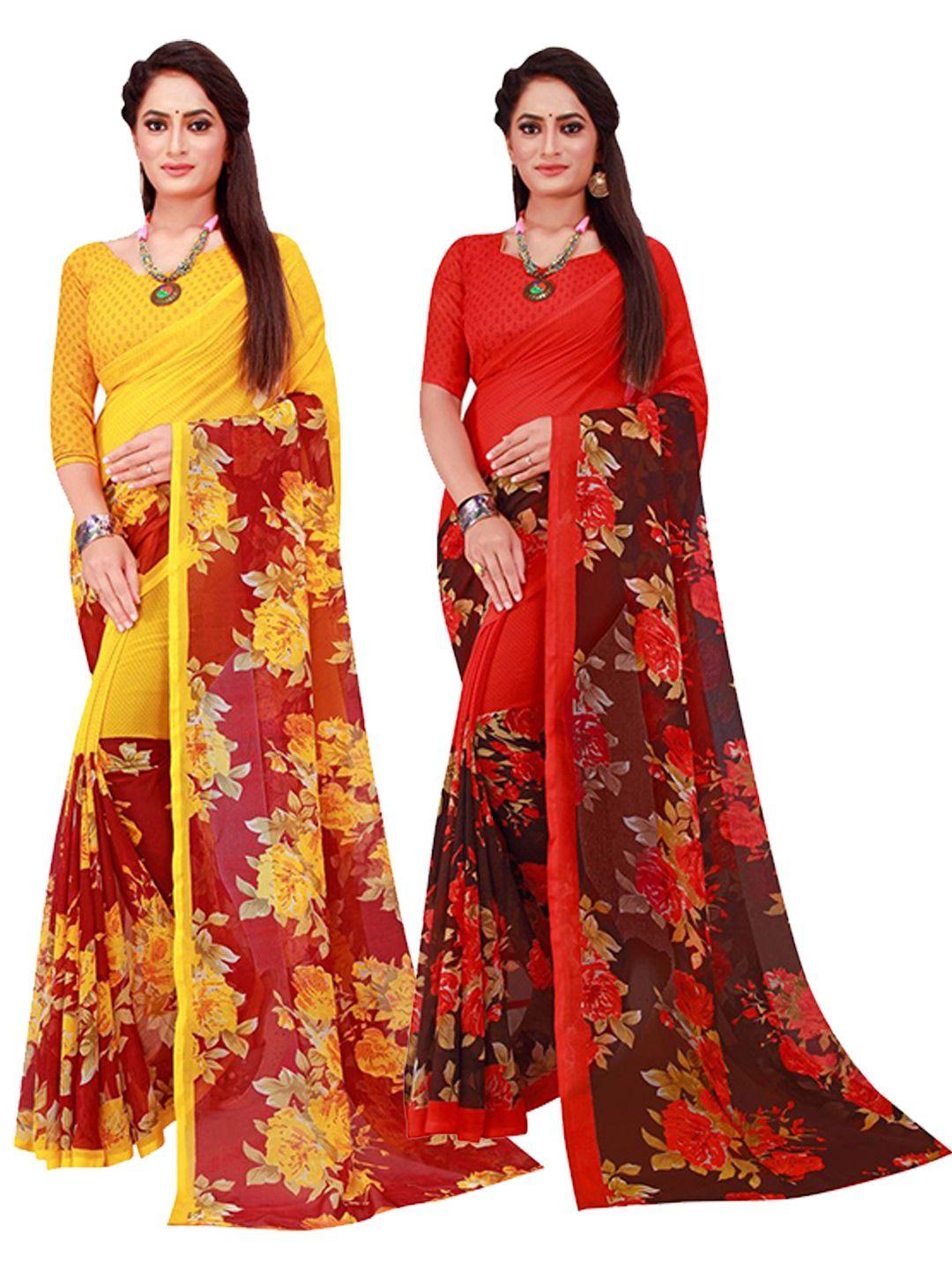 saadhvi maroon & red set of 2 floral printed georgette saree